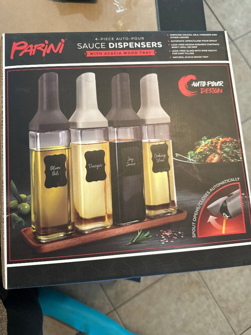 Parini 4-Piece Auto-Pour Sauce Dispenser Set with Acacia Wood Tray